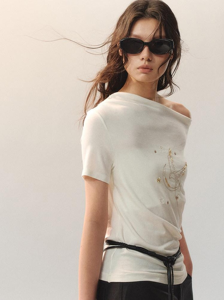 AnnoMundi Beaded Asymmetric Neck Loose Women Lyocell Stretch White Short Sleeve T-Shirts