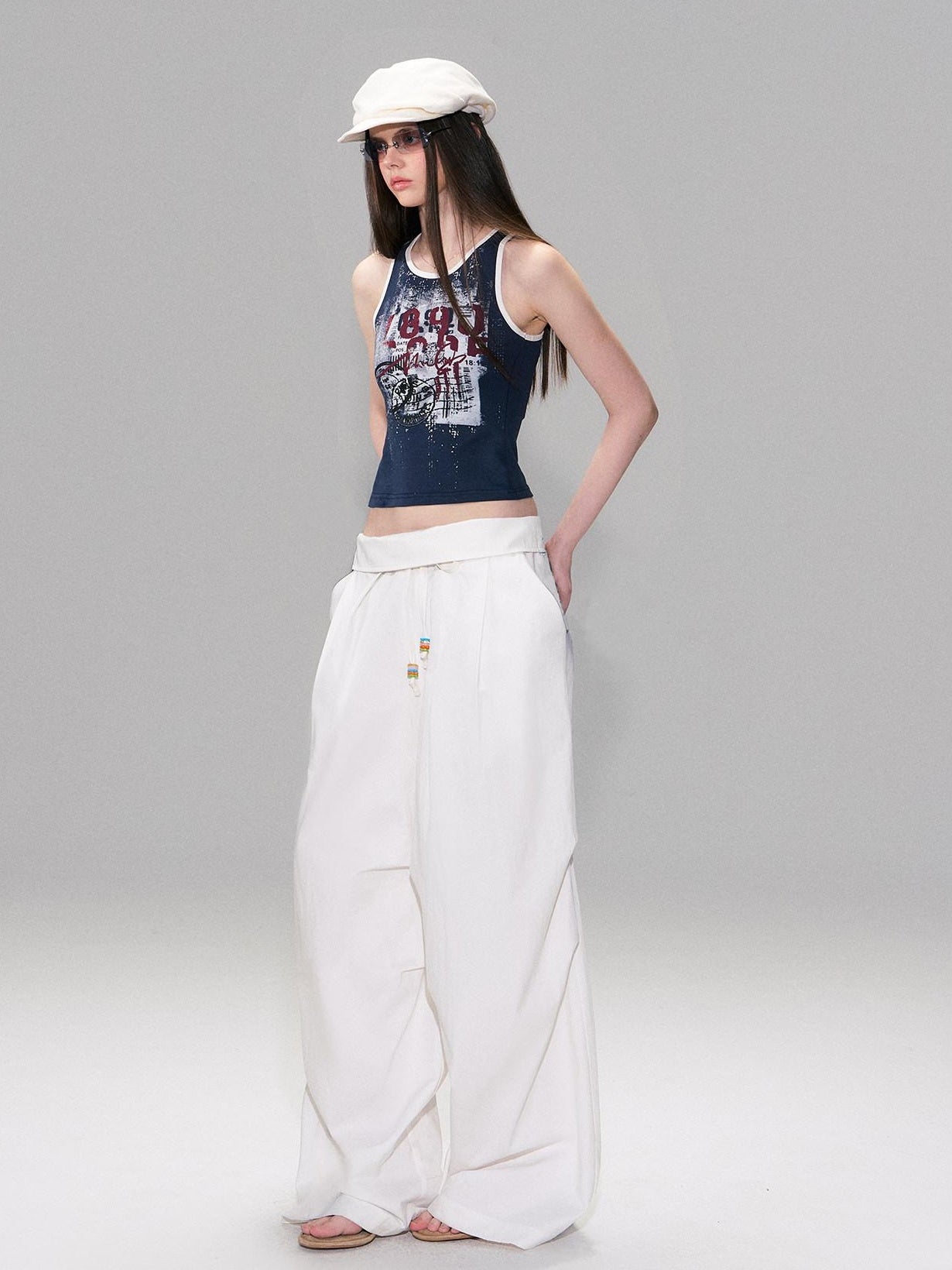 The NeverMore Cotton Blend Vintage Curved Cut Natural Waist Women White Wide Leg Pants