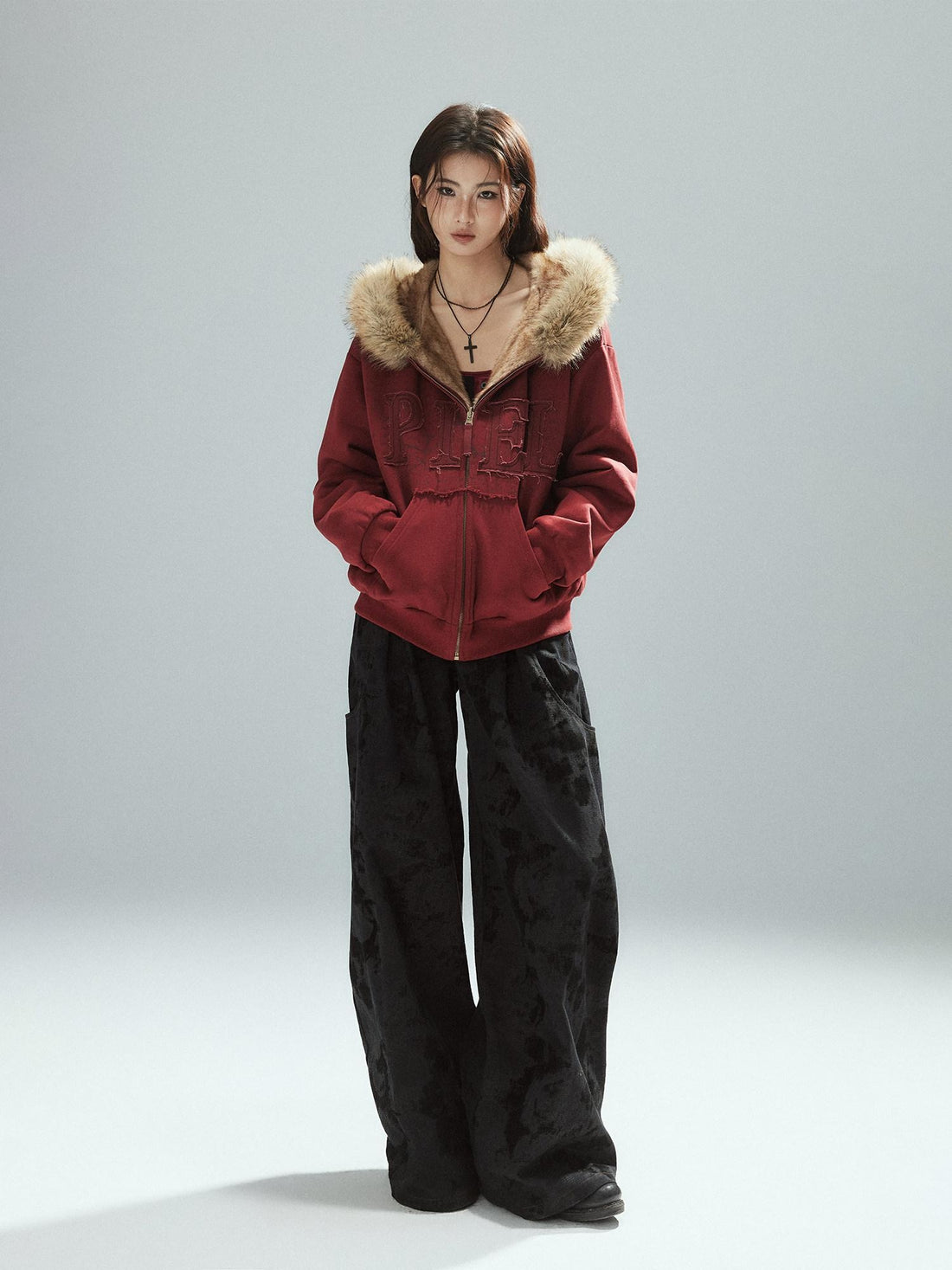 Low pixel Thick Warm 100 Percent Cotton Street Loose Fit Zip Up Women Red Oversized Hoodie