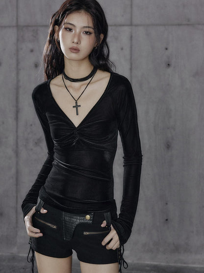 Low pixel Flocked Velvet Mesh V-neck Slim Dark Aesthetic Daily Wear Long Sleeve Crop Tops