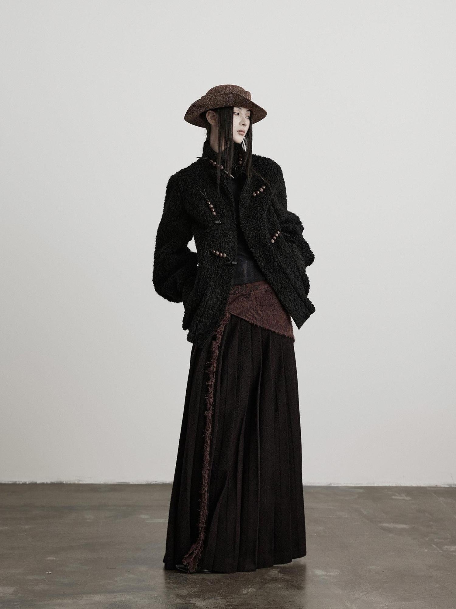 INDULGE Shape Retaining Patchwork Lined Mid Waist Wool Blend Women Burgundy Maxi Skirts