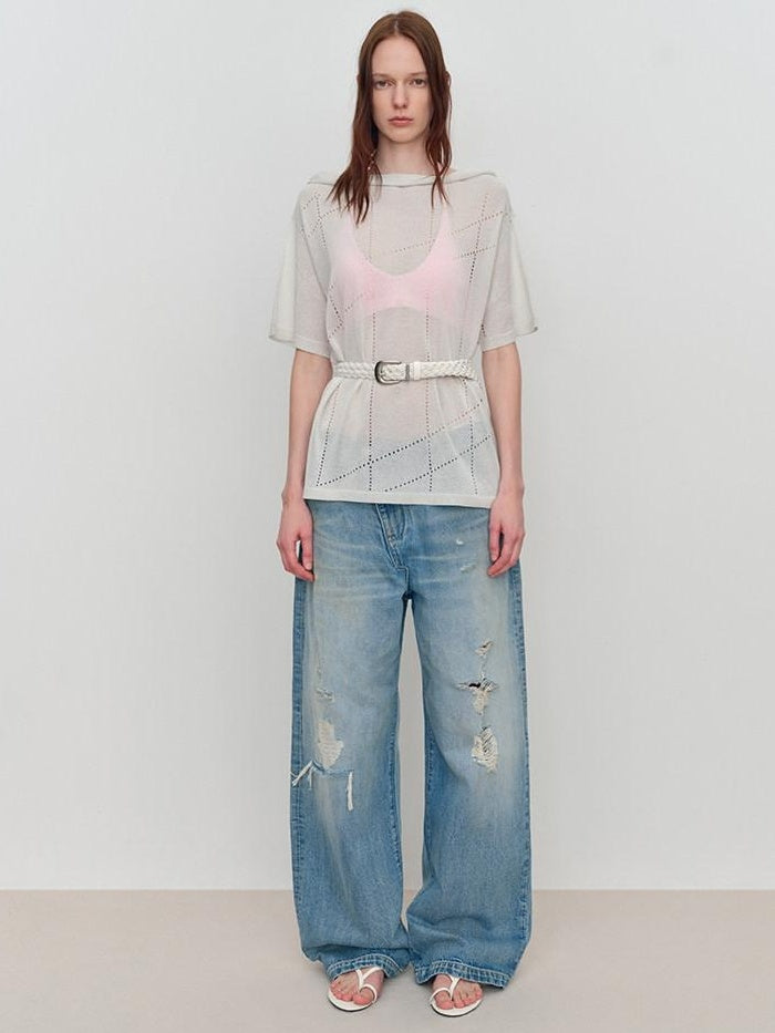 RUN TO THE FUTURE Durable Distressed Low Rise Loose Fit Casual Light Blue Denim Wide-Leg Jeans