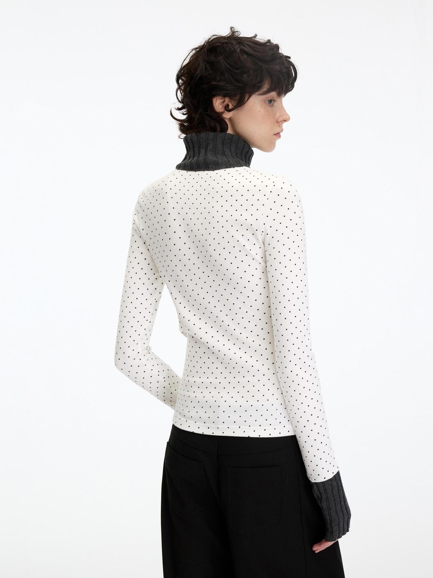 RUN TO THE FUTURE Polka Dot Patchwork High Neck Slim Fit Casual Women White Long Sleeve T-Shirts
