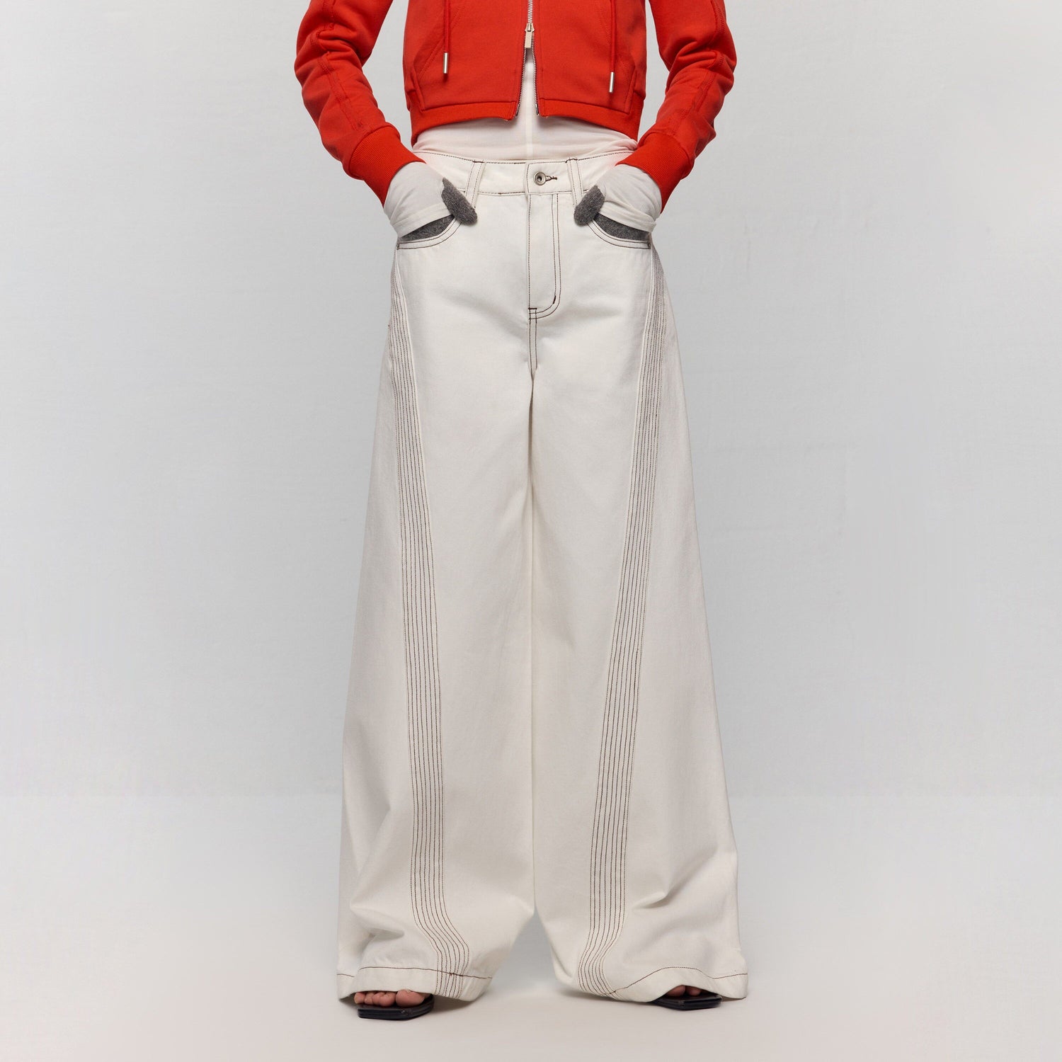 RUN TO THE FUTURE Casual Colorblock Loose Natural Waist Washed Denim High Cotton Wide-Leg Jeans
