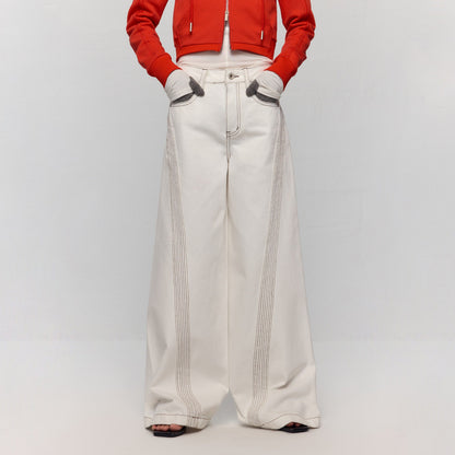 RUN TO THE FUTURE Casual Colorblock Loose Natural Waist Washed Denim High Cotton Wide-Leg Jeans