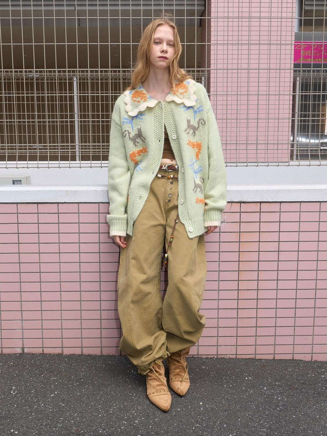 OuttheBlue Warm Acrylic Wool Commuter Loose Jacquard Mint Green Cardigans