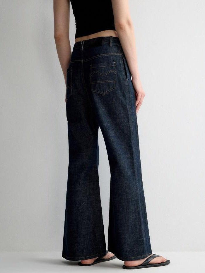 RUN TO THE FUTURE Durable Washed Casual Low Rise Wide Leg Dark Denim Flare Jeans
