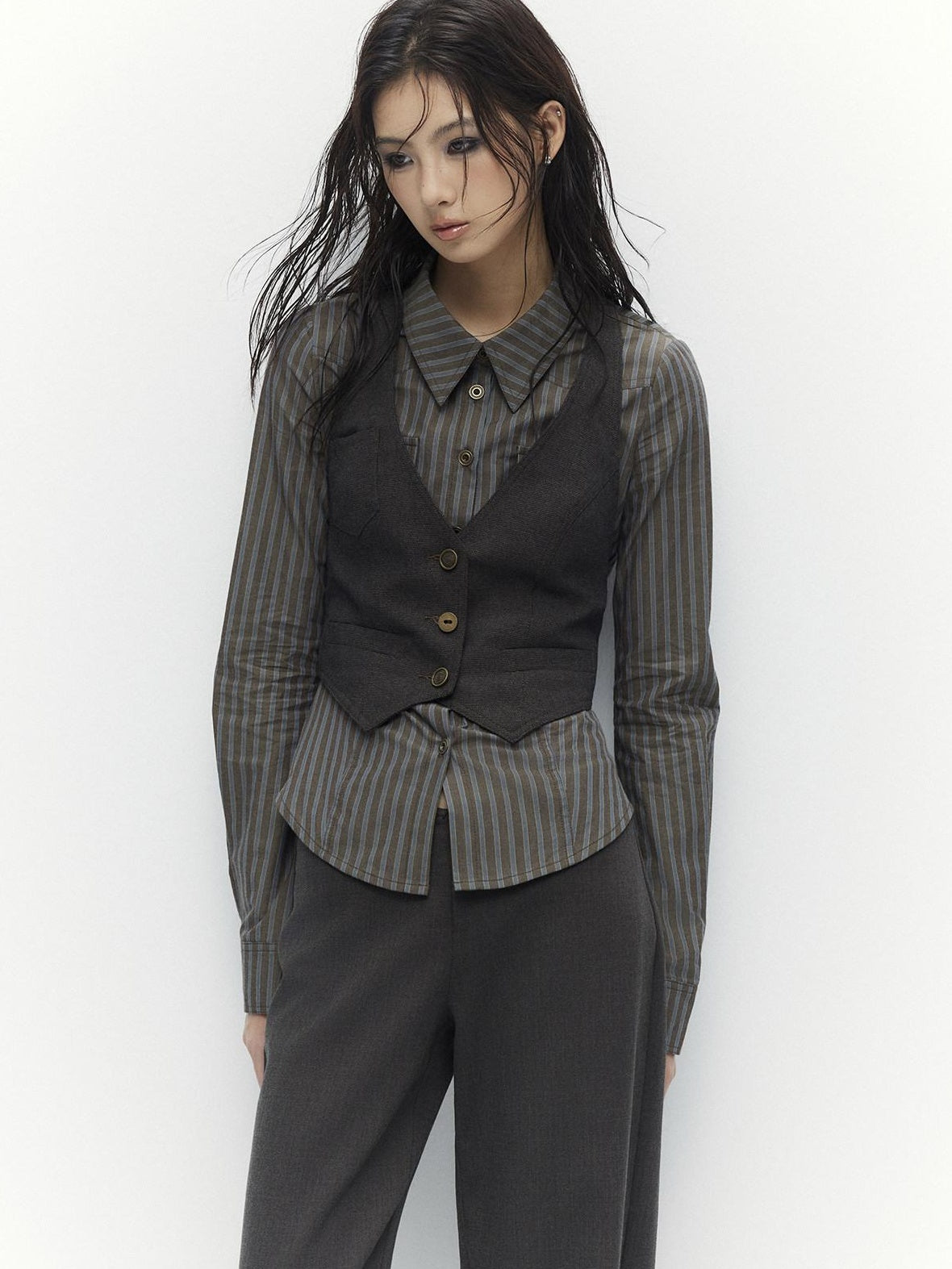 Low pixel Breathable Cotton Vintage Fitted Striped Button Long Sleeve Women Shirts