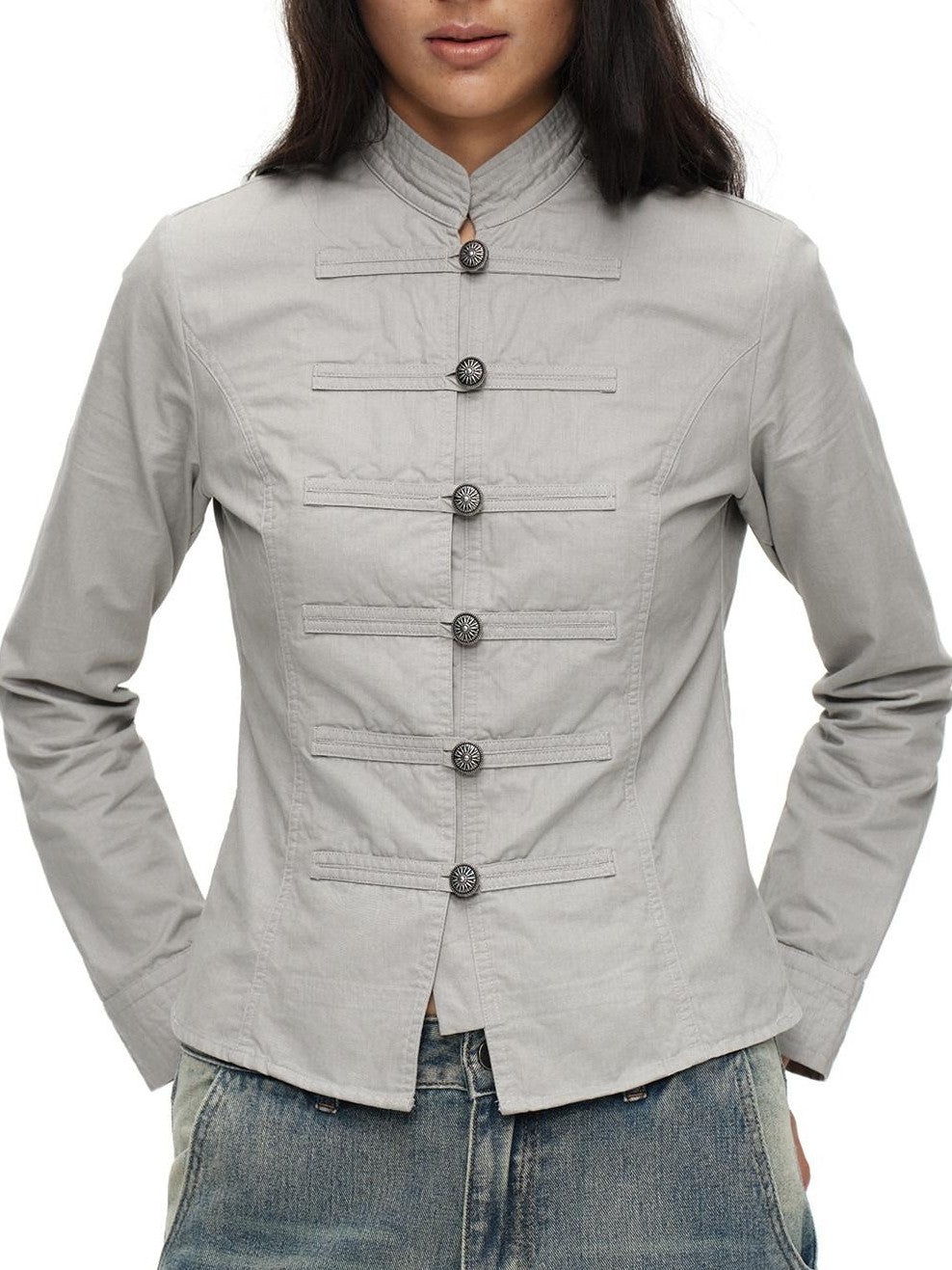 oinimi Star Gray Washed Napoleon Button Stand Collar Fitted Waist Women&