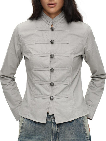 oinimi Star Gray Washed Napoleon Button Stand Collar Fitted Waist Women&