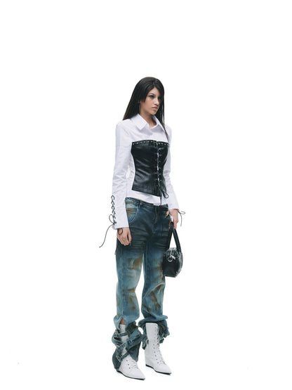 24ans Wrinkle Resistant Punk Slim Patchwork Women Long Sleeve Turn Collar Shirts