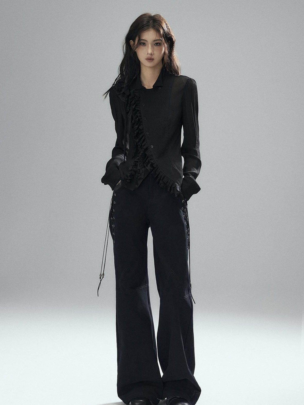 Low pixel Pure Cotton Low Rise Wide Leg Zipper Casual Womens Black Straight Pants