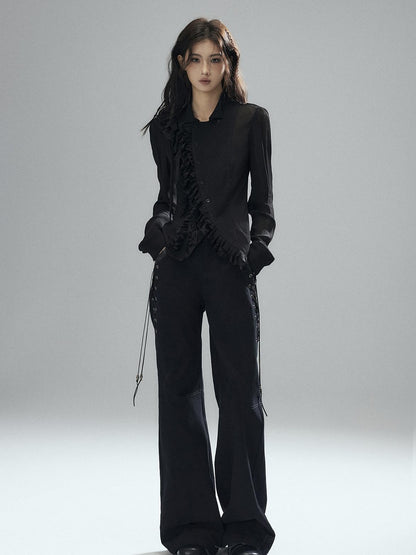 Low pixel Pure Cotton Low Rise Wide Leg Zipper Casual Womens Black Straight Pants