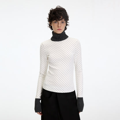 RUN_TO_THE_FUTURE_Polka_Dot_Patchwork_High_Neck_Slim_Fit_Casual_Women_White_Long_Sleeve_T-Shirts_MISSTT