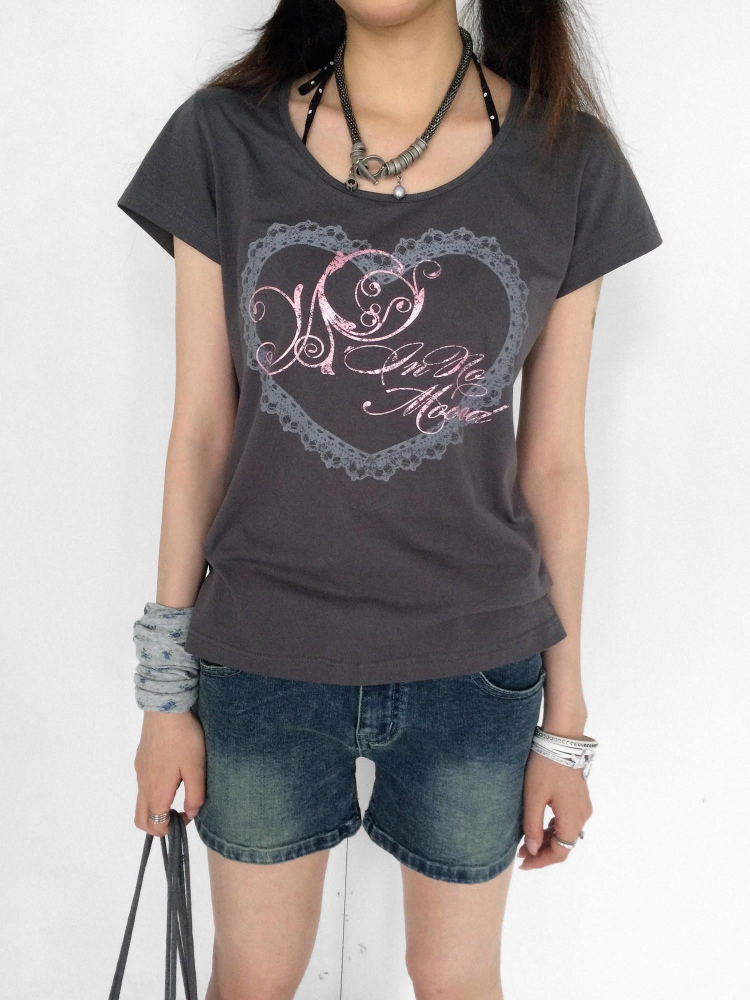 innomoood Lace Print Silver Foil Heart Lettering Women&