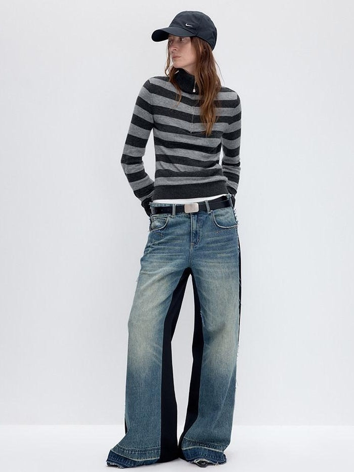 RUN TO THE FUTURE Washed Low Rise Wide Leg Loose Blue Black Denim Zipper Fly Straight Jeans
