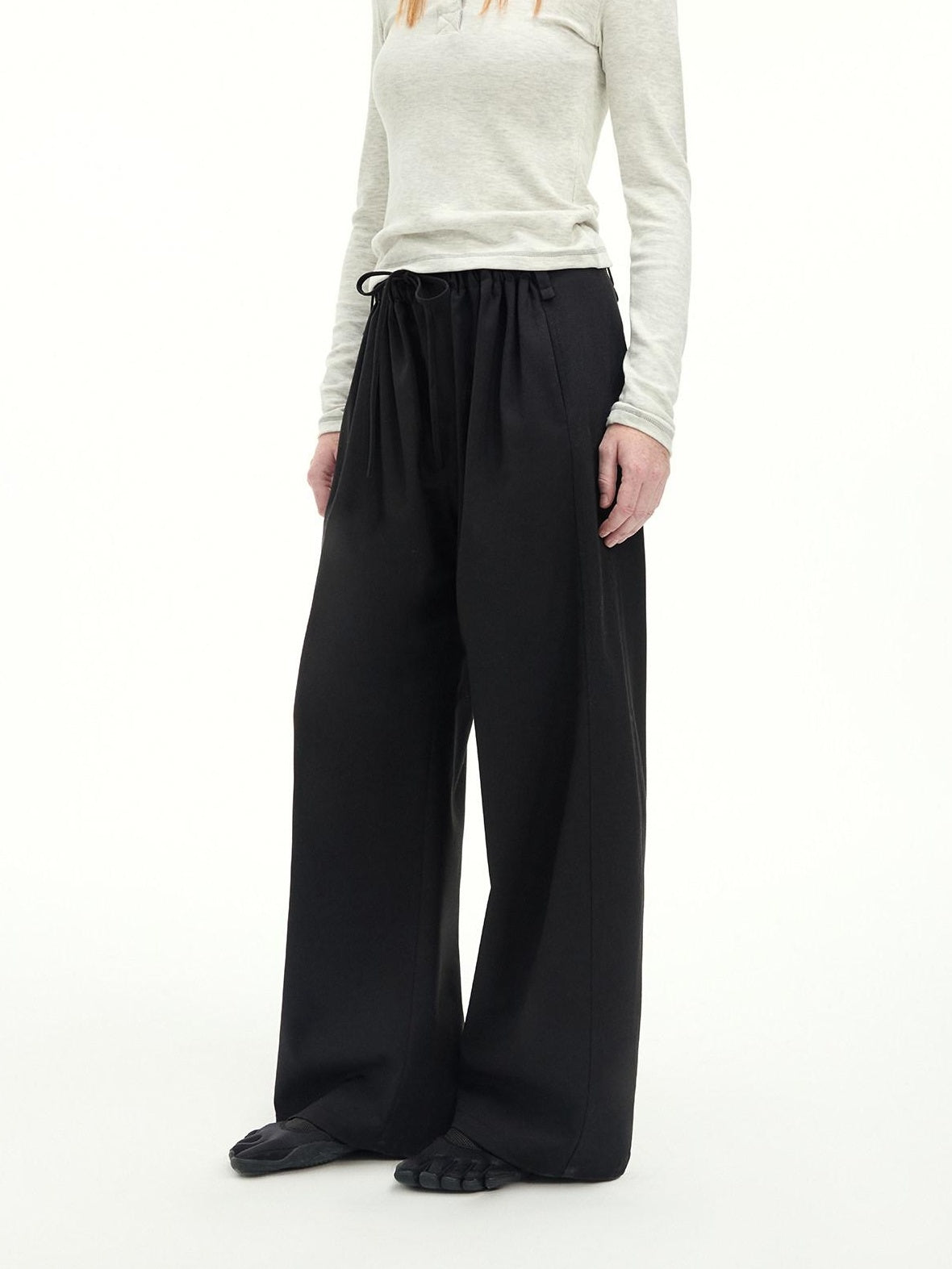 RUN TO THE FUTURE Stretch Wool Blend Casual Wide Leg Drawstring Mid Low Rise Women Black Chinos