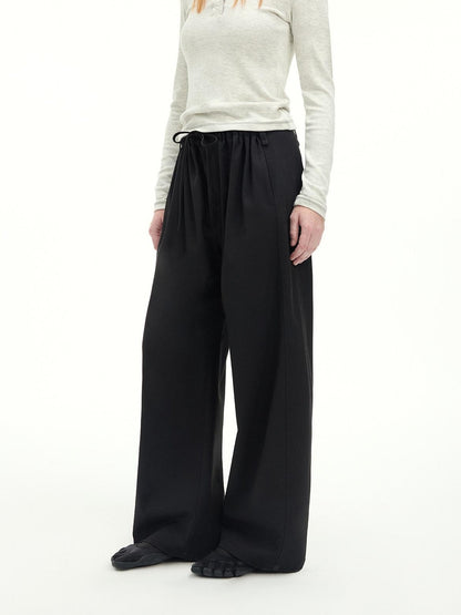 RUN TO THE FUTURE Stretch Wool Blend Casual Wide Leg Drawstring Mid Low Rise Women Black Chinos
