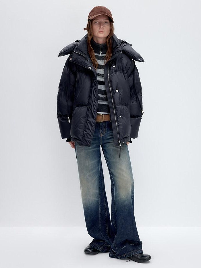 RUN TO THE FUTURE 90 White Duck Down Loose Fit Detachable Hood Midlength Pocket Down Jackets