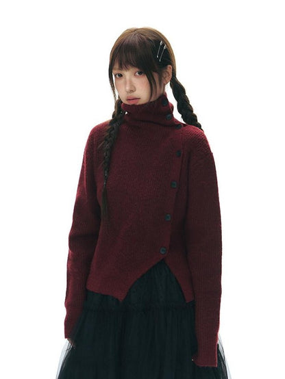 NAPSNAPS Rust Red Asymmetrical Placket Knit Mock Neck Women&