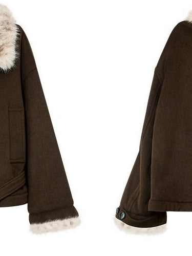 RUN TO THE FUTURE Thick Loose Fit Lapel Tie Midlength Casual Female Zelkova Green Track Jackets