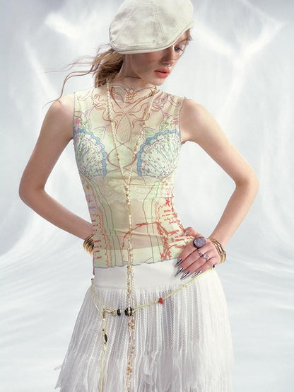 OfAkiva Sea Mural Ocean Shell Print High Neck Cropped Women&