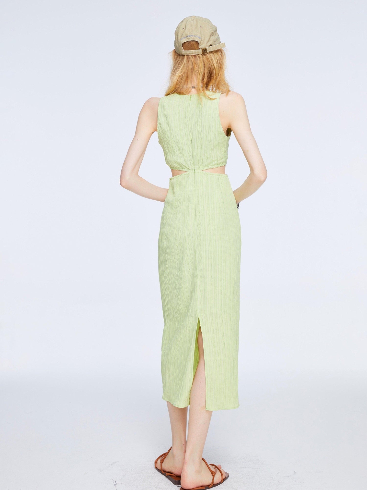 The NeverMore High Waist Pleated Street A Line Sleeveless Women Green Maxi Dresses