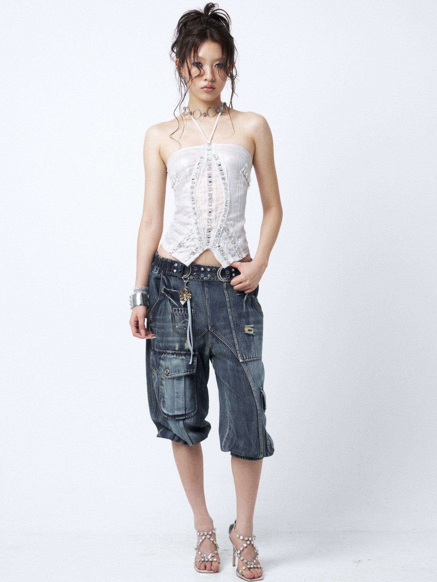 OPEN AESTHETIC Waterwashed Distressed Rhinestone Women&