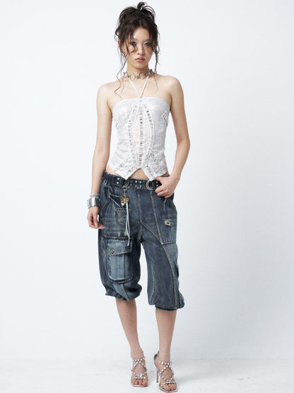 OPEN AESTHETIC Waterwashed Distressed Rhinestone Women&