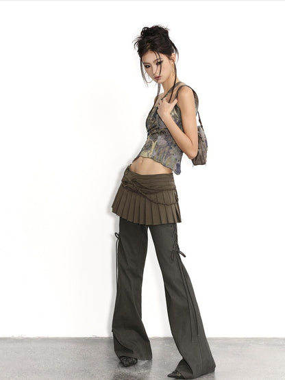 Low pixel Pure Cotton Low Waist Slim Fit Casual Women Olive Green Flared Pants
