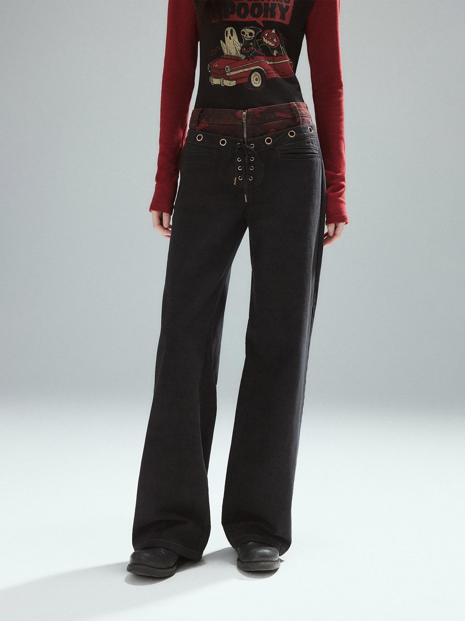 Low pixel Pure Cotton Patchwork Low Waist Street Zipper Women Colorblock Straight Pants