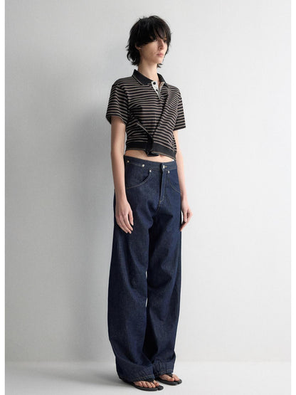 RUN TO THE FUTURE Breathable Cotton Slim Fit Asymmetric Henley Striped Low Waist Women Crop Tops
