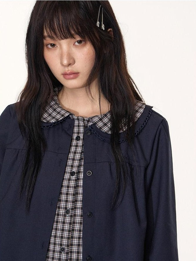 NAPSNAPS Navy Plaid Patchwork Doll Collar Faux Two Piece Women&