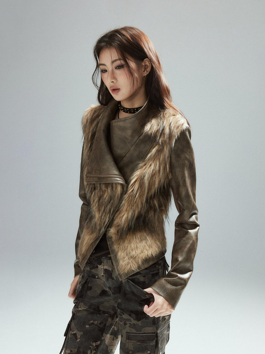 Low pixel Thick Waist Cinch Patchwork Street Style Women Brown Zipper Lapel Cropped Jackets