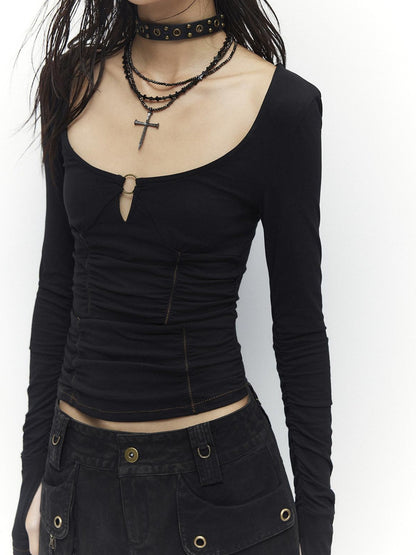 Low pixel Slim Fit Ruched Stretch Cotton Gothic Black Women U Neck Long Sleeve Crop Tops
