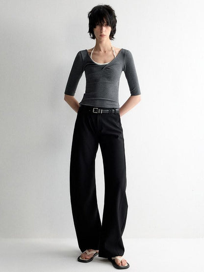 RUN TO THE FUTURE Soft Stretch Low Rise Minimal Loose Curved Tapered Women Classic Black Chinos