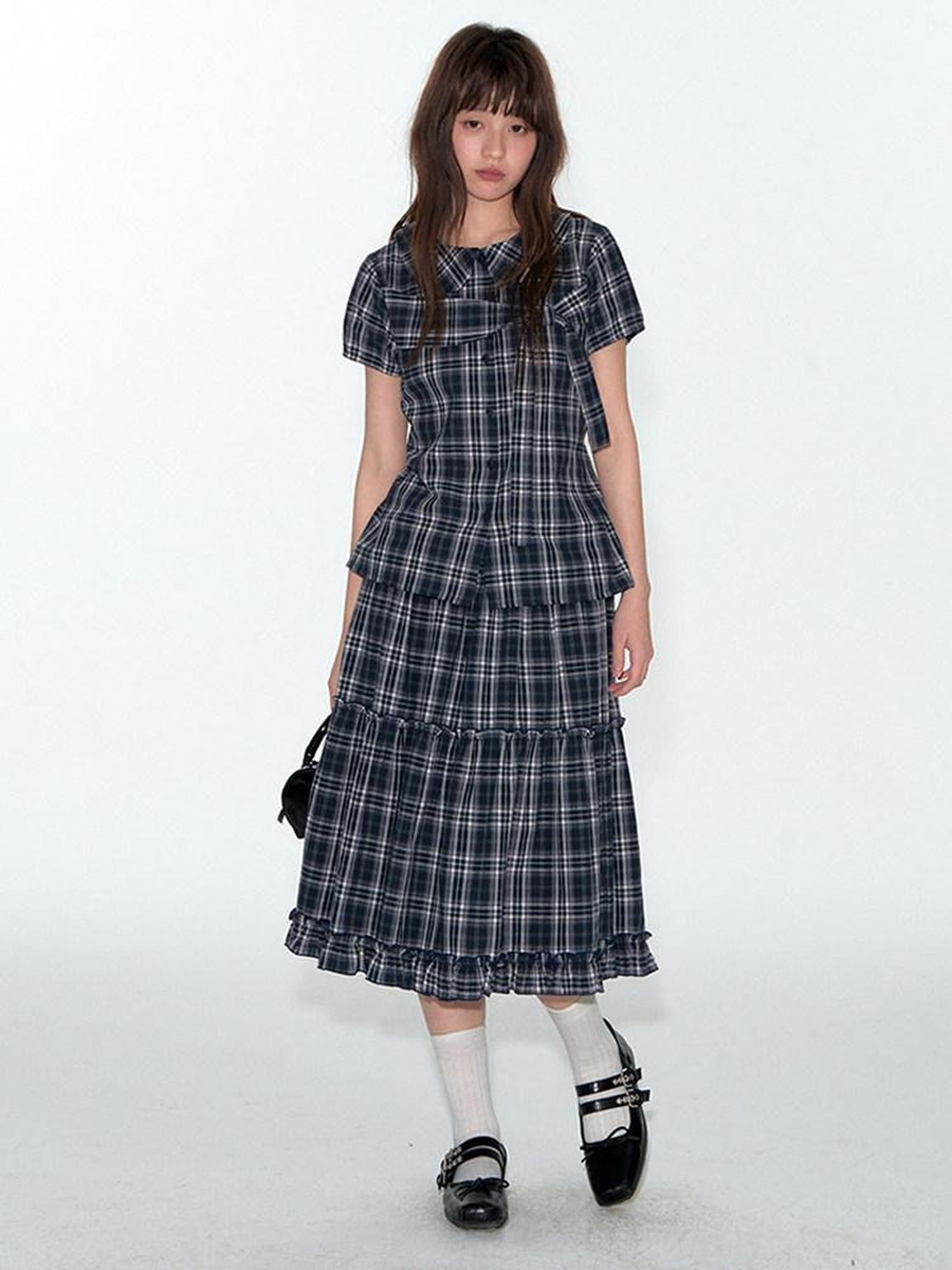 NAPSNAPS Blue Plaid Ruffle Hem High Waist Pleated Patchwork Women&