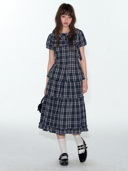 NAPSNAPS Blue Plaid Ruffle Hem High Waist Pleated Patchwork Women&