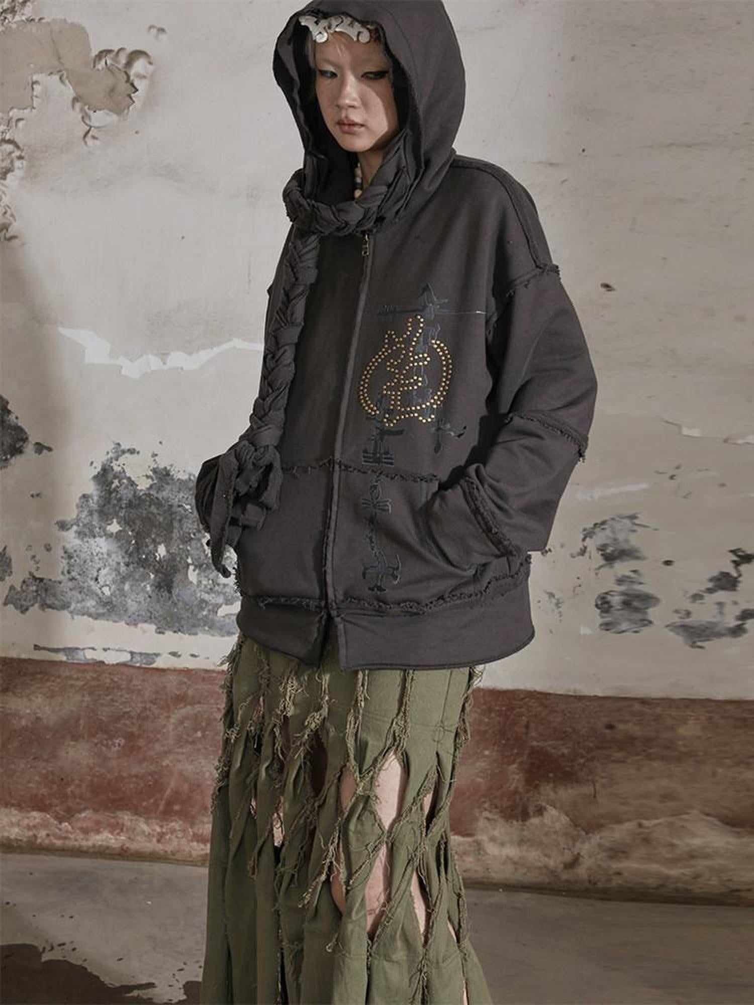 nit alcove Distressed Patch Fringe Loose Fit Lycra Cotton Unisex Vintage Zip Letter Hoodie