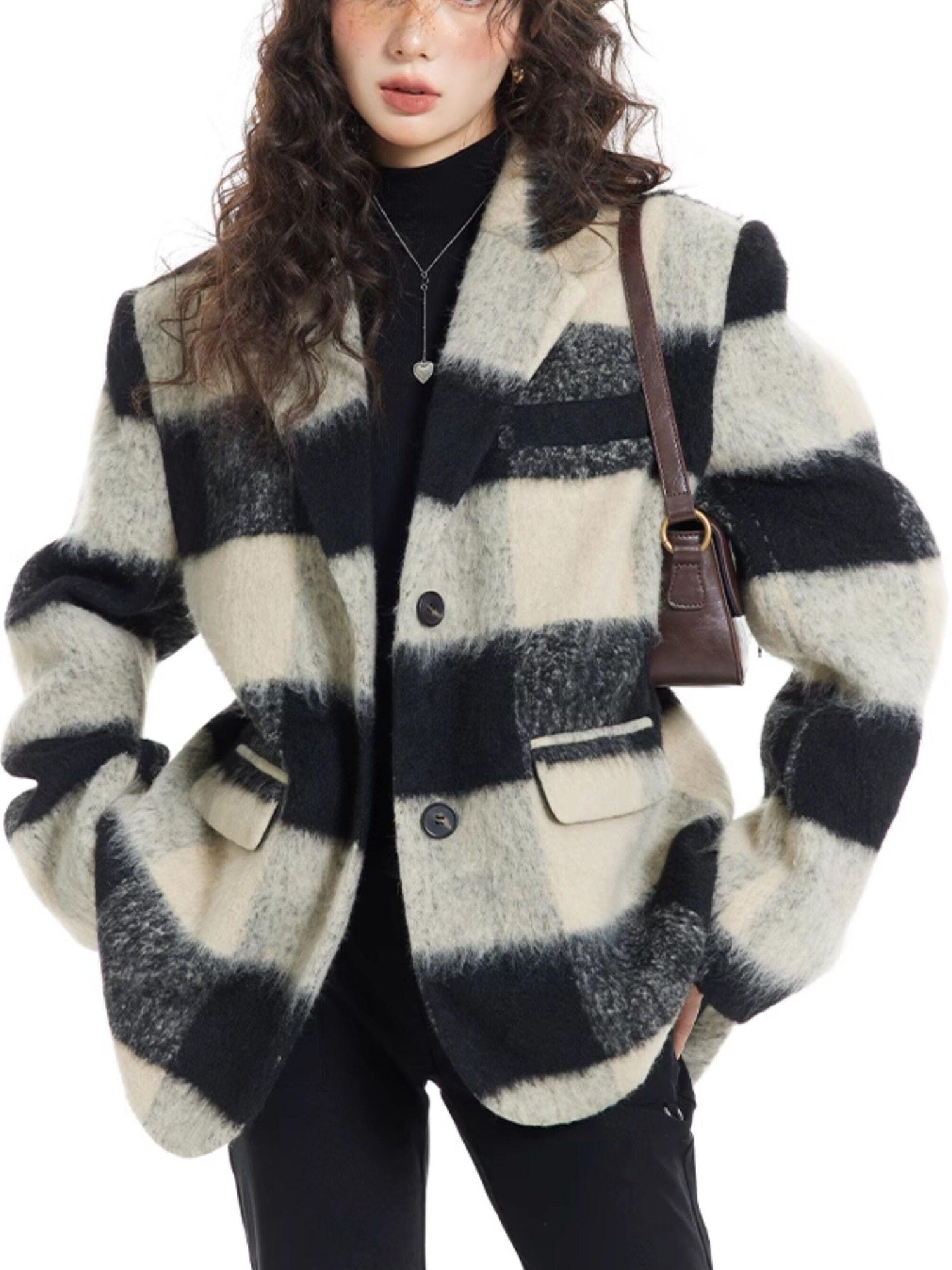 7Shiftin Padded Plaid Stand Collar Korean Commuter Straight Fit Short Coat
