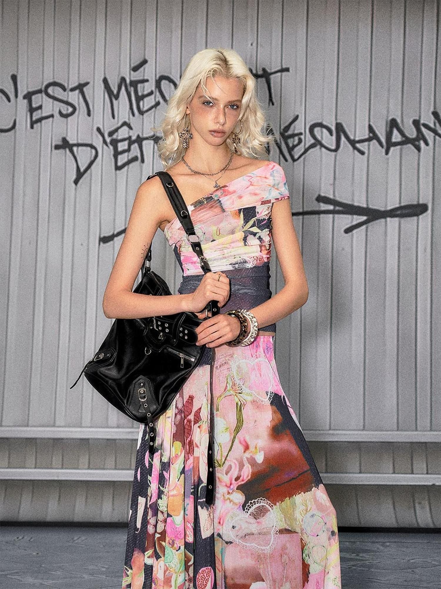 The NeverMore Light Stretch Printed Pink Side Zipper A Line Loose Fit Mid Waist Maxi Skirts