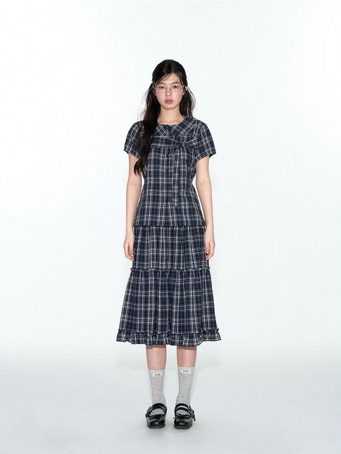 NAPSNAPS Blue Plaid Ruffle Hem High Waist Pleated Patchwork Women&