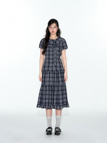 NAPSNAPS Blue Plaid Ruffle Hem High Waist Pleated Patchwork Women&