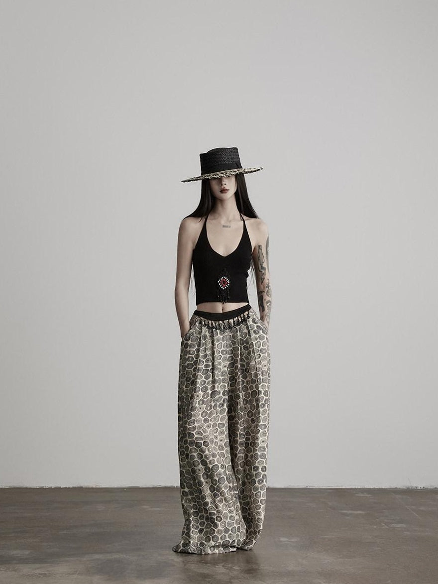 INDULGE Durable Viscose Blend Vintage Patchwork Abstract Pockets Women Wide-Leg Pants