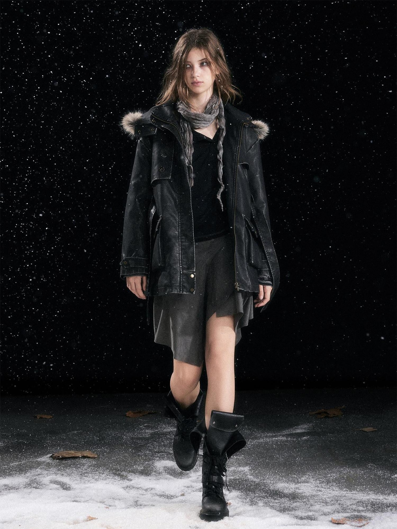 Cest Nous Fur Collar Hooded Utility Distressed Women&