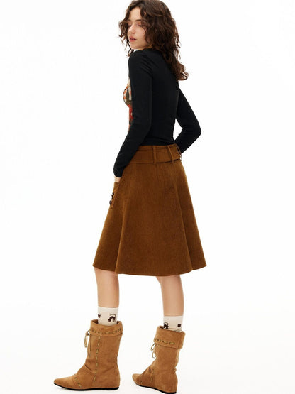 OuttheBlue Handsewn Embroidery Minimalist A Line Mid Waist Caramel Polyester Midi Skirts