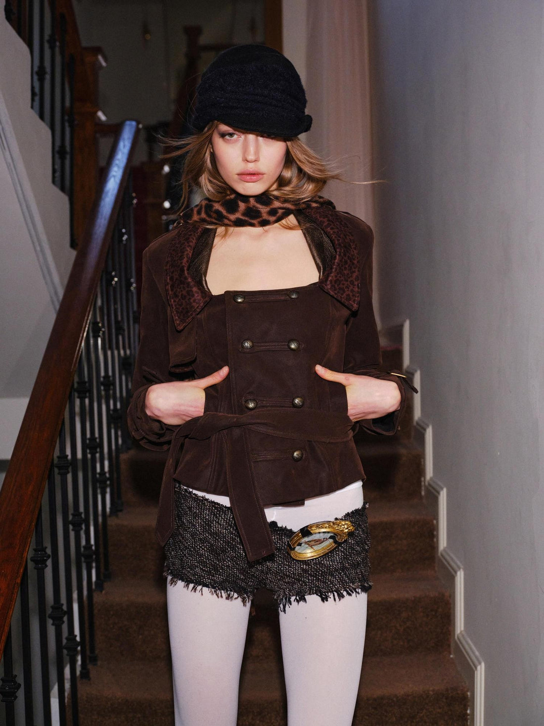 2th Desire Waist Cinch Punk Leopard Print Slim Fit Zip Short Women Trench Coats