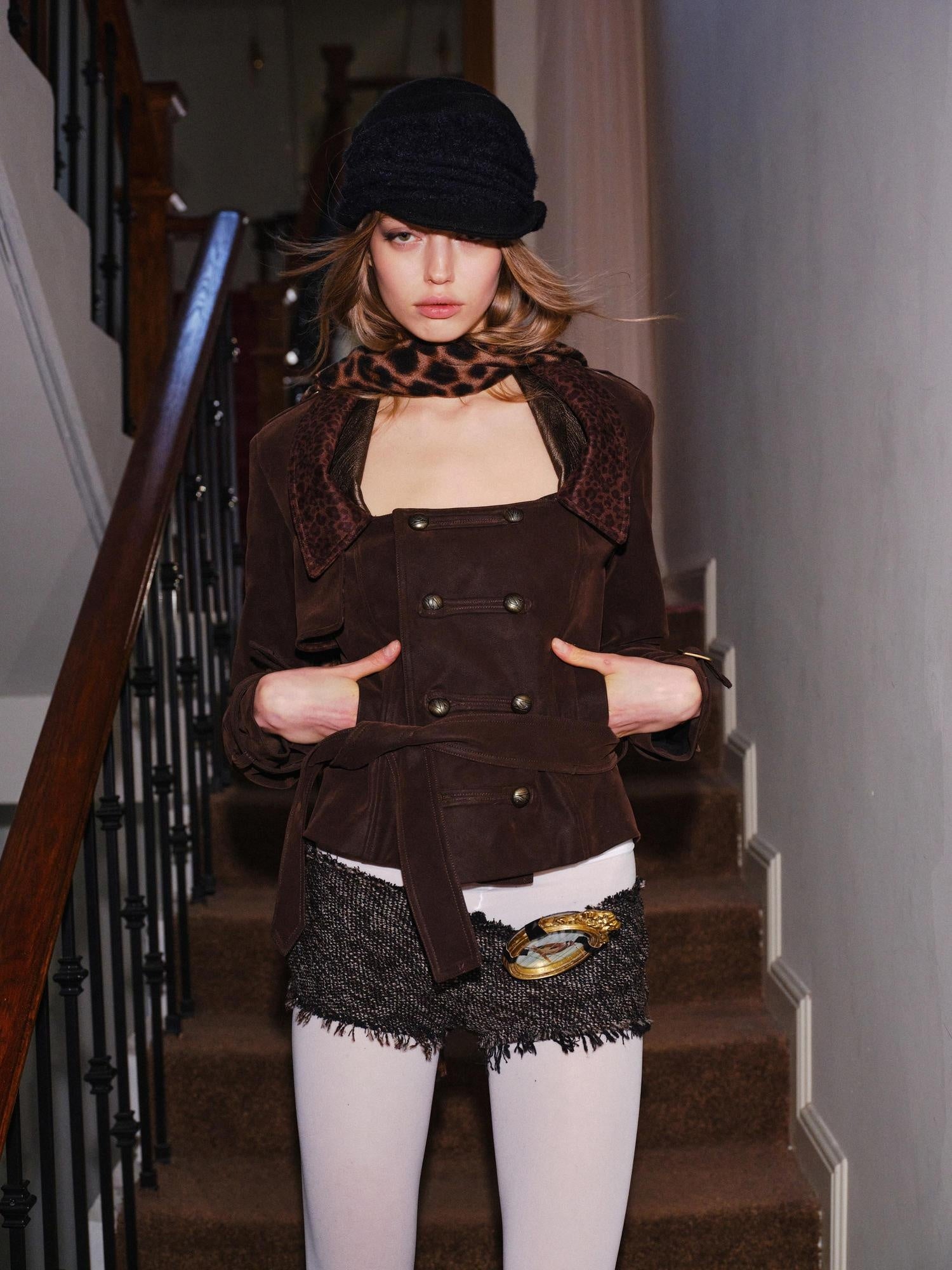 2th Desire Waist Cinch Punk Leopard Print Slim Fit Zip Short Women Trench Coats