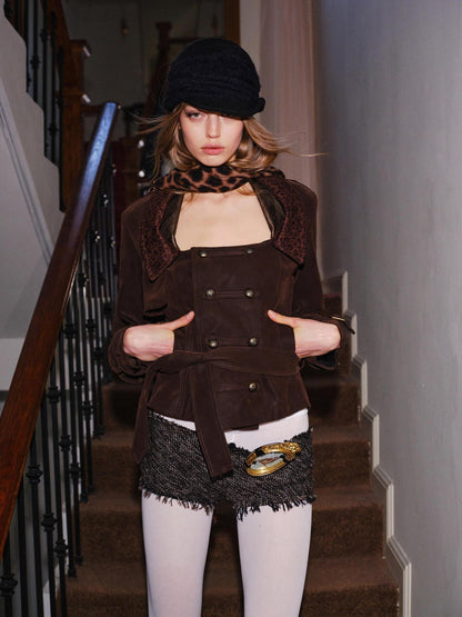 2th Desire Waist Cinch Punk Leopard Print Slim Fit Zip Short Women Trench Coats