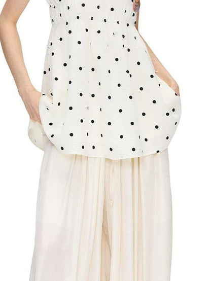 OuttheBlue Soft Cotton Loose Fit Polka Dot Spaghetti Strap Beige Slip Mini Dresses